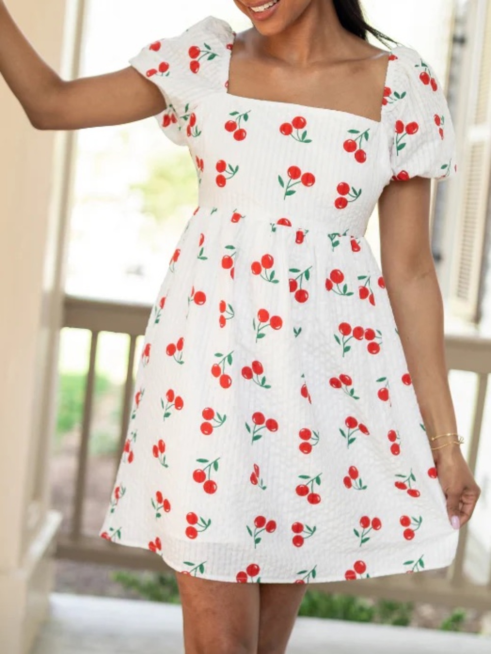 Pink Lily- NEVER WORN- White Cherry Print Puff Sleeve Mini Dress